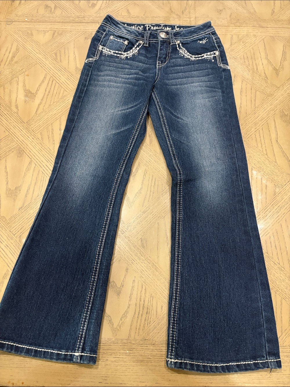Justice Girls Dark Blue Bootcut Jeans with White Stitching